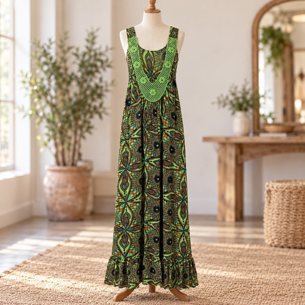 One World Maxi Dress Womens L Green Mosaic Crochet Bib Boho Ruffle Sleeveless
